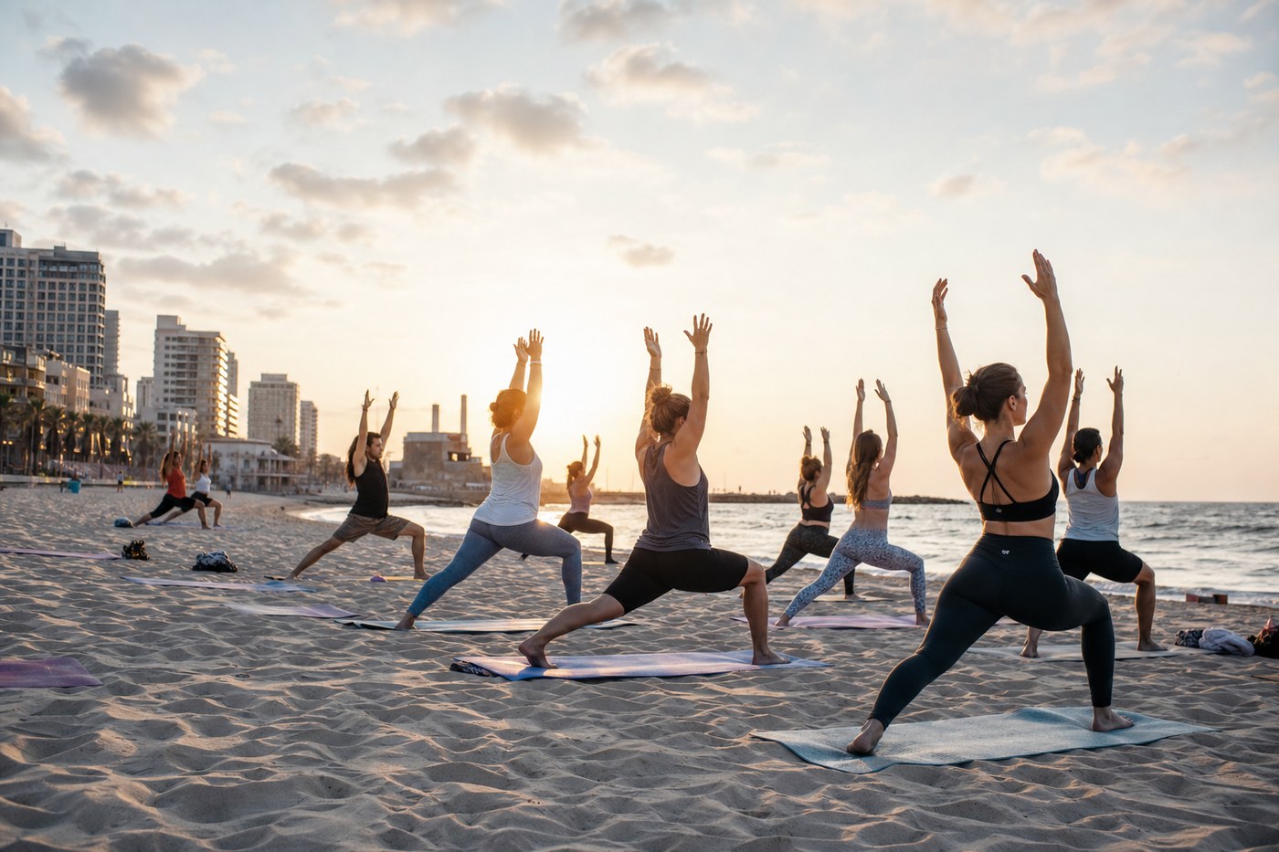 Vinyasa flow beach yoga class at sunrise with group on sand near the ocean
