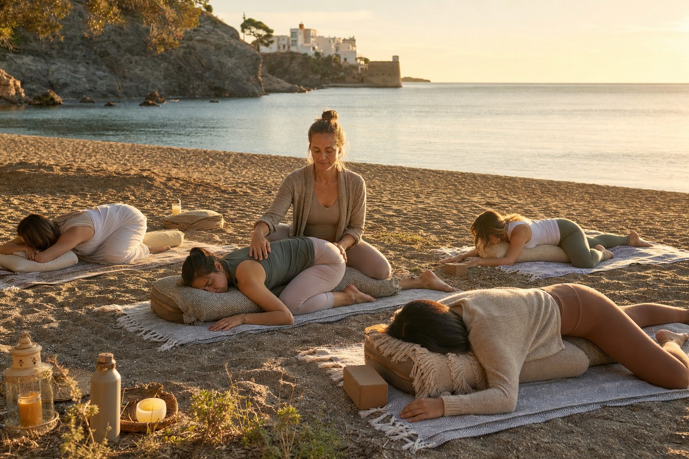 Gentle restorative yin yoga on beach blankets at golden hour
