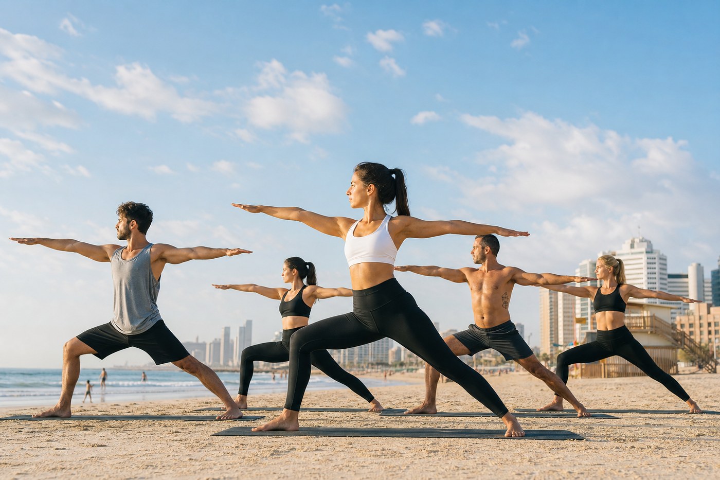 Power yoga beach session with athletic practitioners in dynamic poses
