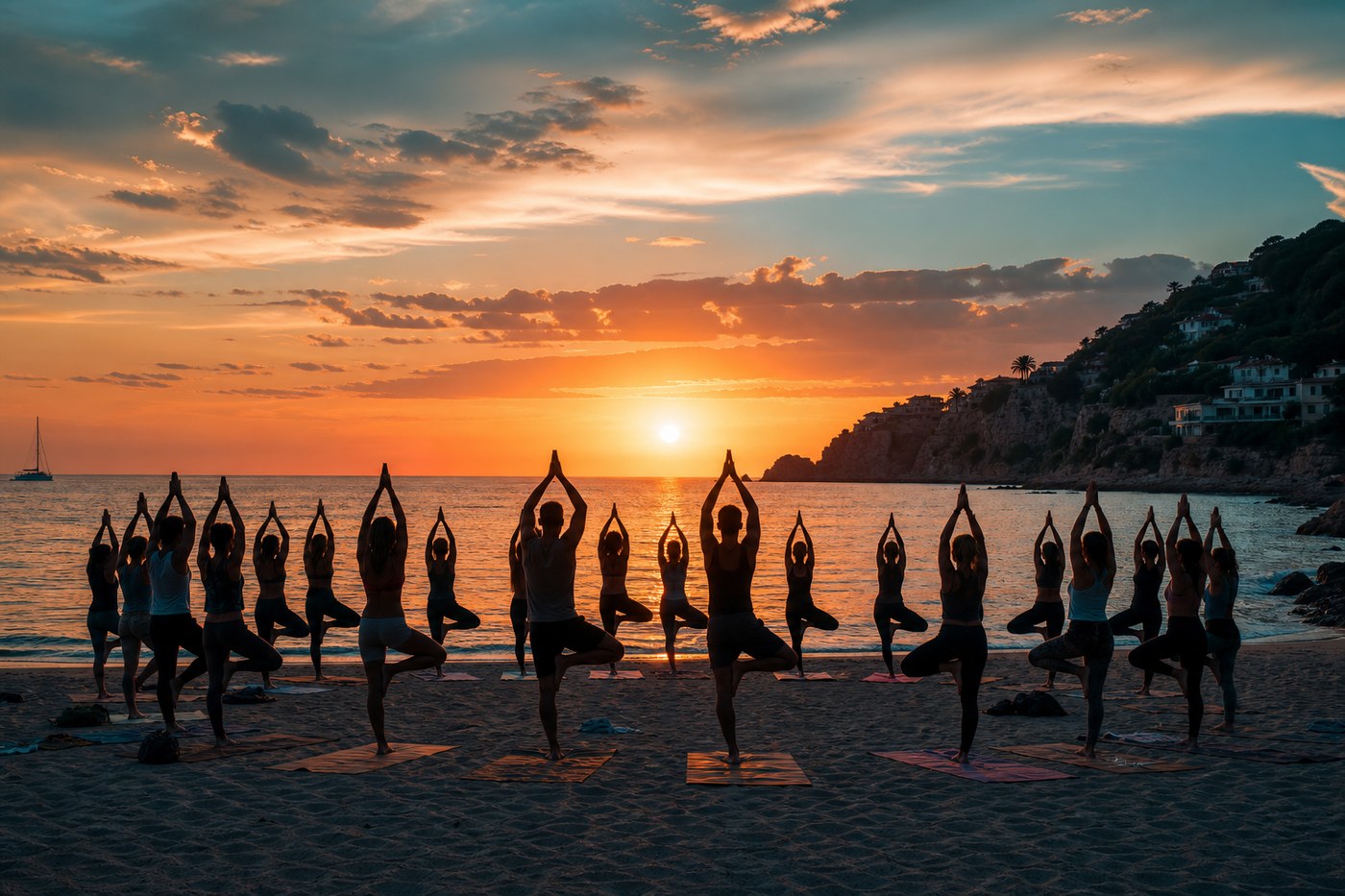 Group yoga at sunset on Tel Aviv beach with orange sky over the sea