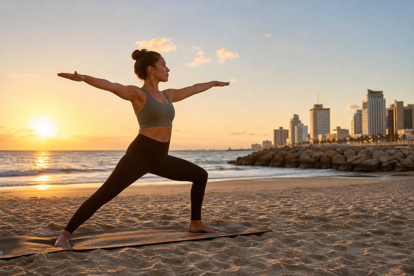 Dawn yoga session on Tel Aviv beach with the Mediterranean Sea in the background
