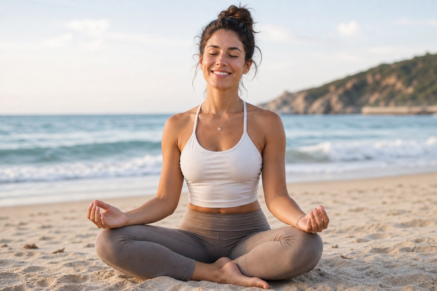 Woman meditating peacefully on sand after a beach yoga session