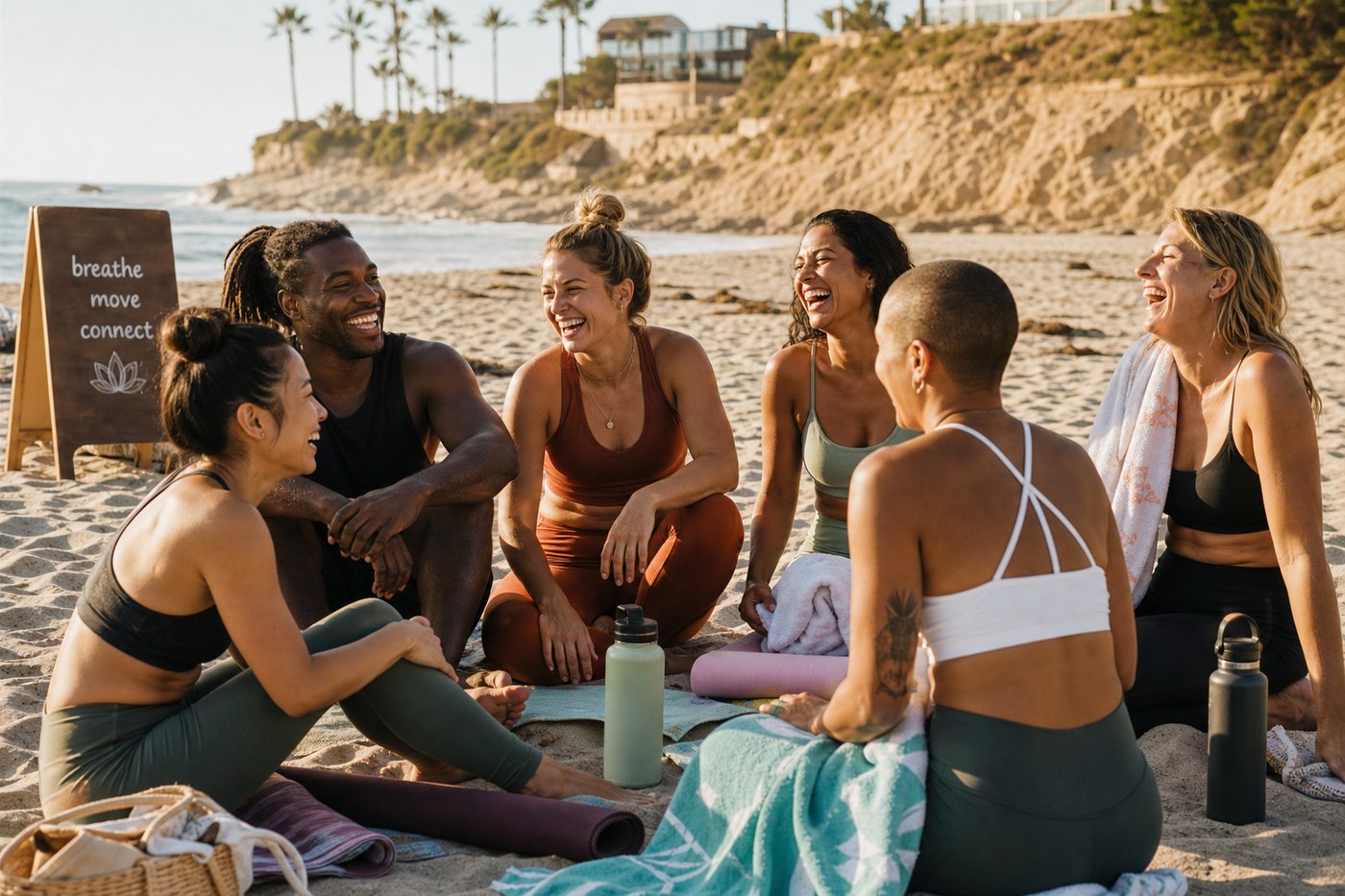 Group of friends laughing together after beach yoga class